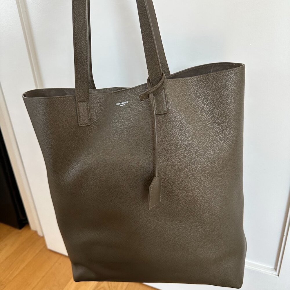 Saint Laurent Bold Shopping Bag With Zipped Pouch Leather Khaki Purse - Picture 6 of 16
